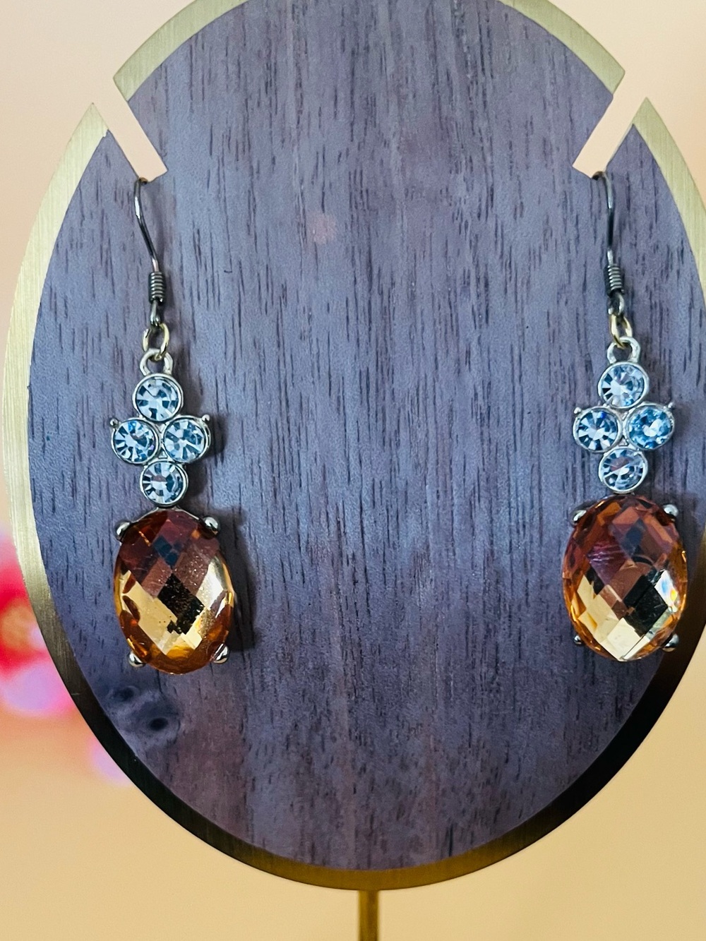 Large oval Citrine rhinestone earrings in gold tone